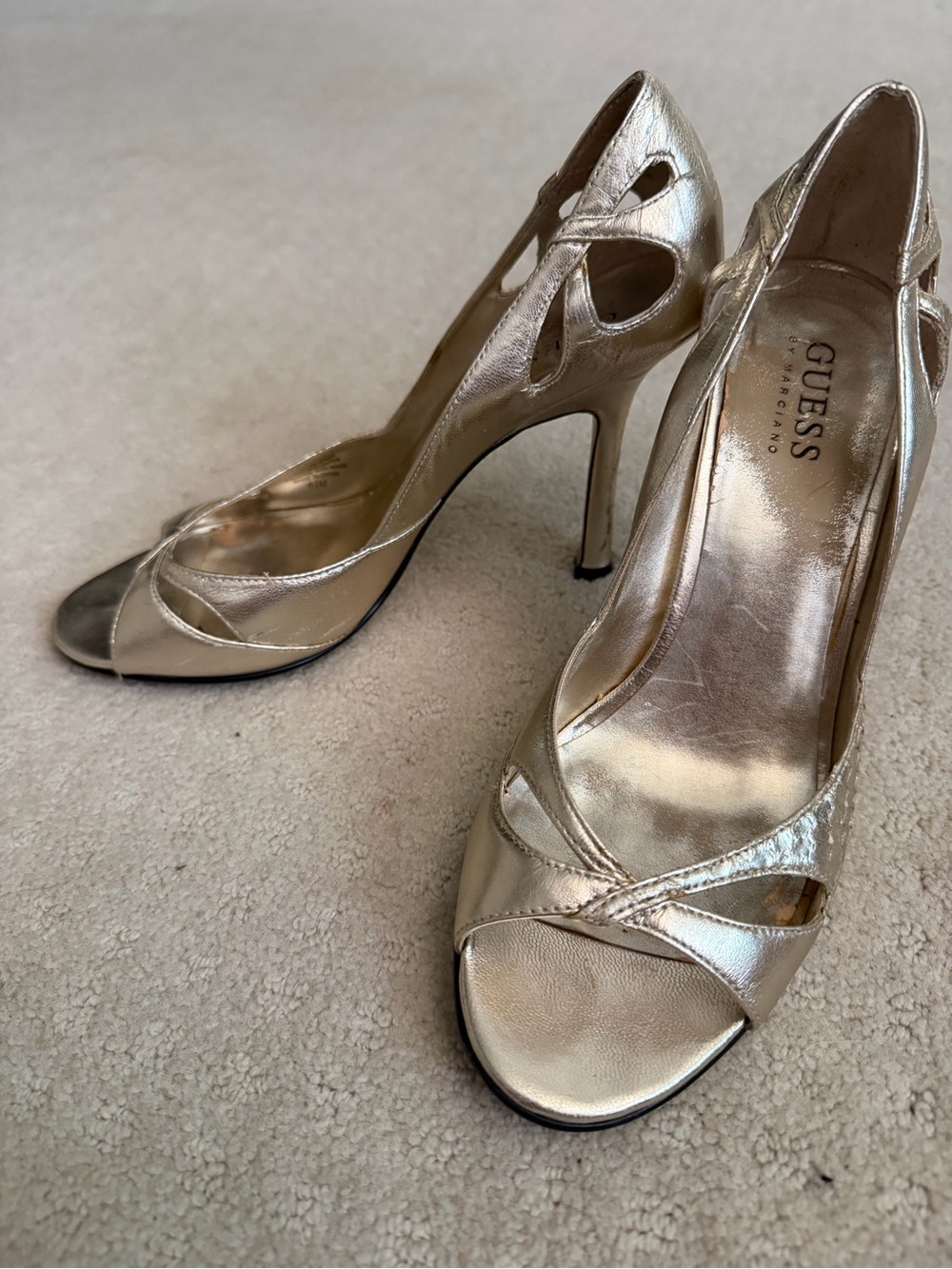 GUESS Metallic Gold Peep-Toe Stiletto Heels